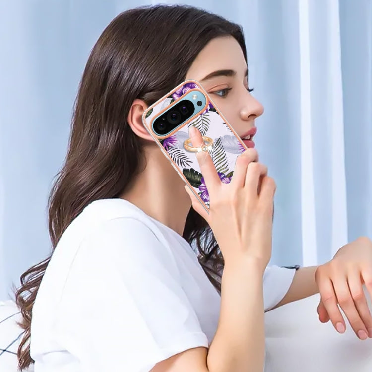 For Google Pixel 9 / 9 Pro Electroplating IMD TPU Phone Case with Ring(Purple Flower) - Google Cases by PMC TechLife | Online Shopping South Africa | PMC TechLife | Buy Now Pay Later Mobicred