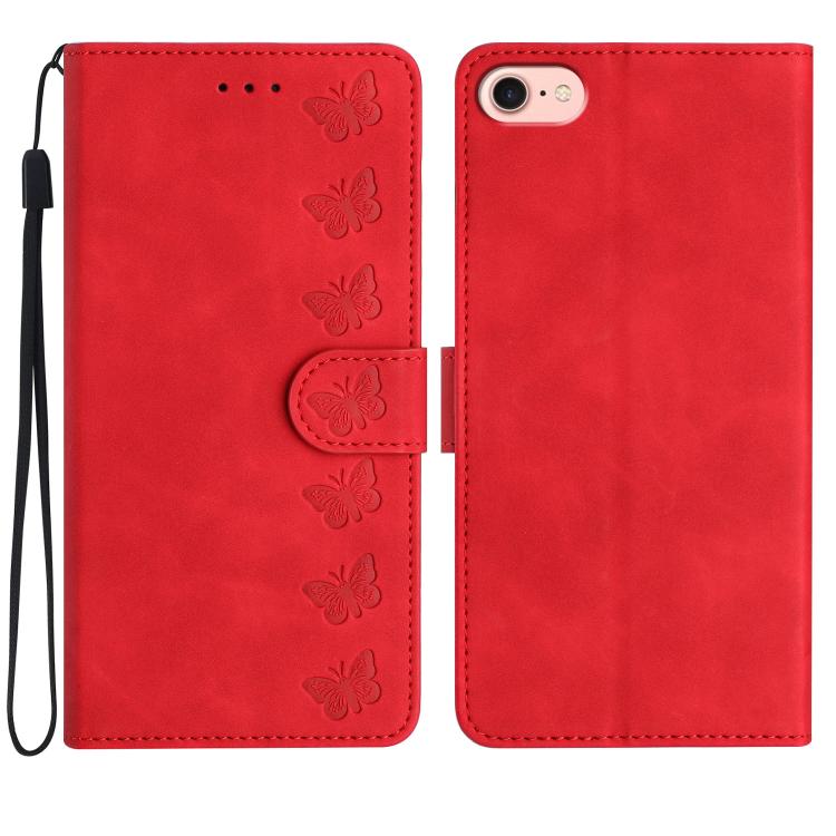 For iPhone 16e Seven Butterflies Embossed Leather Phone Case(Red) - iPhone 16e Cases by PMC TechLife | Online Shopping South Africa | PMC TechLife | Buy Now Pay Later Mobicred