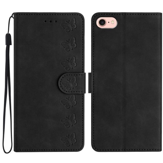 For iPhone 16e Seven Butterflies Embossed Leather Phone Case(Black) - iPhone 16e Cases by PMC Jewellery | Online Shopping South Africa | PMC Jewellery | Buy Now Pay Later Mobicred