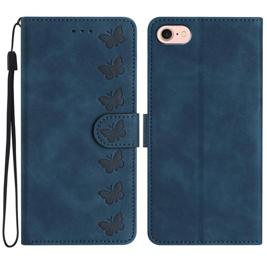 For iPhone 16e Seven Butterflies Embossed Leather Phone Case(Blue) - iPhone 16e Cases by PMC Jewellery | Online Shopping South Africa | PMC Jewellery | Buy Now Pay Later Mobicred