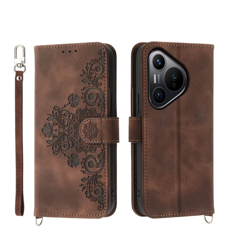 For Huawei Pura 70 Skin-feel Flowers Embossed Wallet Leather Phone Case(Brown) - Huawei Cases by PMC Jewellery | Online Shopping South Africa | PMC Jewellery | Buy Now Pay Later Mobicred