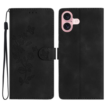 For iPhone 16 Plus Flower Butterfly Embossing Pattern Leather Phone Case(Black) - iPhone 16 Plus Cases by PMC Jewellery | Online Shopping South Africa | PMC Jewellery | Buy Now Pay Later Mobicred