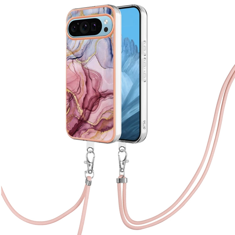 For Google Pixel 9 / 9 Pro Electroplating Marble Dual-side IMD Phone Case with Lanyard(Rose Red 014) - Google Cases by PMC Jewellery | Online Shopping South Africa | PMC Jewellery | Buy Now Pay Later Mobicred