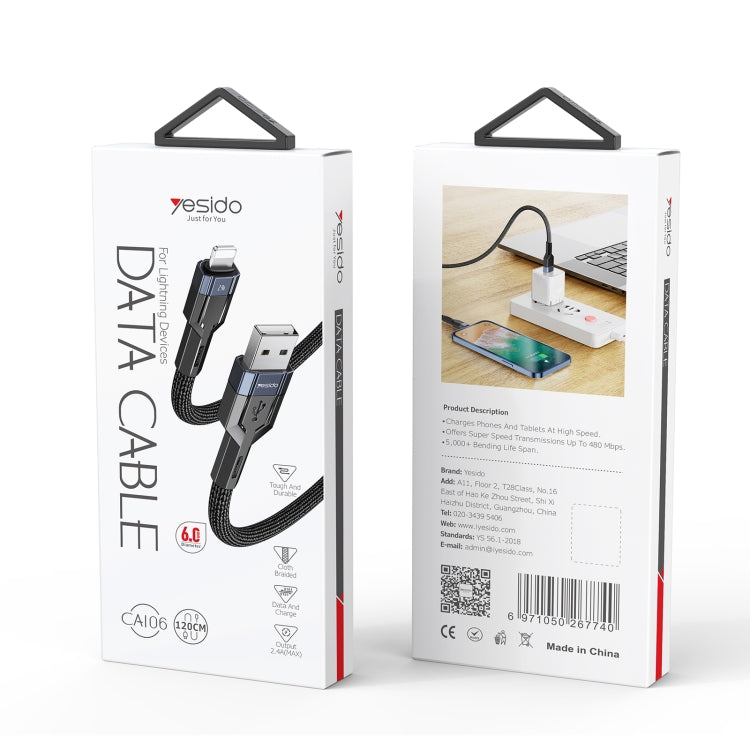 YESIDO CA106 1.2m 2.4A USB to 8 Pin OD0.6 Charging Data Cable(Black) - Normal Style Cable by Yesido | Online Shopping South Africa | PMC Jewellery | Buy Now Pay Later Mobicred