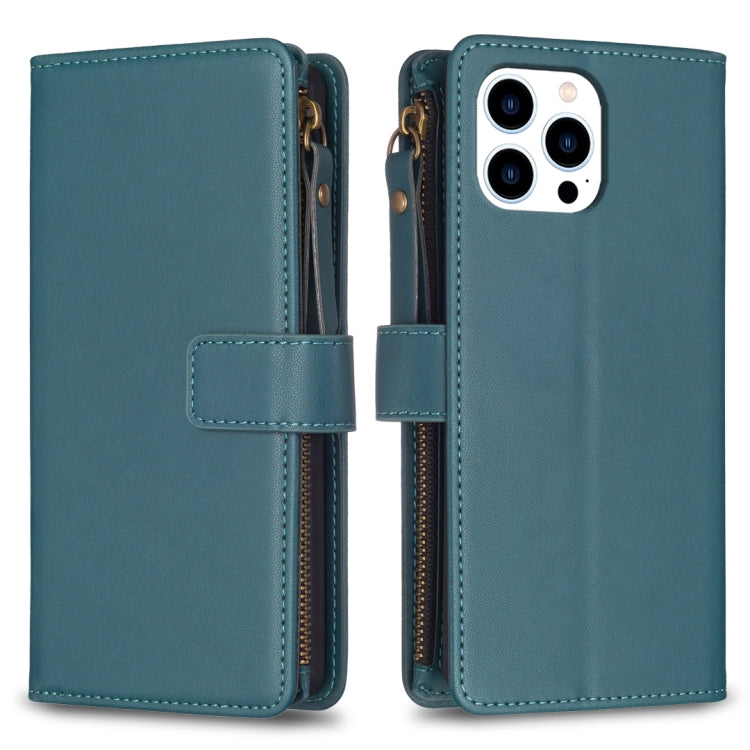 For iPhone 16 Pro Max 9 Card Slots Zipper Wallet Leather Flip Phone Case(Green) - iPhone 16 Pro Max Cases by PMC Jewellery | Online Shopping South Africa | PMC Jewellery | Buy Now Pay Later Mobicred