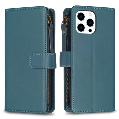 For iPhone 16 Pro Max 9 Card Slots Zipper Wallet Leather Flip Phone Case(Green) - iPhone 16 Pro Max Cases by PMC Jewellery | Online Shopping South Africa | PMC Jewellery | Buy Now Pay Later Mobicred