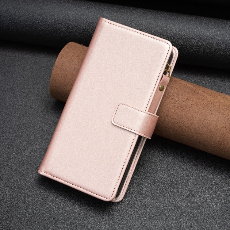 For iPhone 16 Plus 9 Card Slots Zipper Wallet Leather Flip Phone Case(Rose Gold) - iPhone 16 Plus Cases by PMC TechLife | Online Shopping South Africa | PMC TechLife | Buy Now Pay Later Mobicred