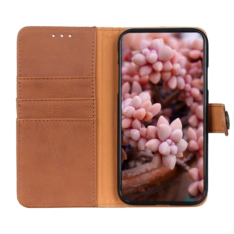 For iPhone 16 KHAZNEH Cowhide Texture Horizontal Flip Leather Phone Case(Brown) - iPhone 16 Cases by PMC TechLife | Online Shopping South Africa | PMC TechLife | Buy Now Pay Later Mobicred