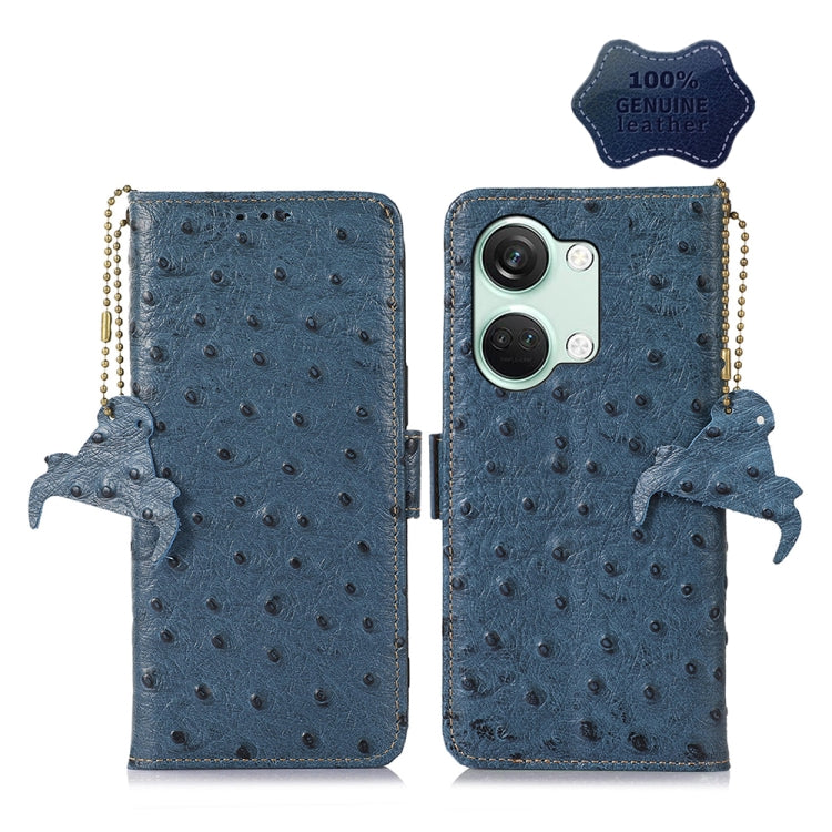 For OnePlus Nord 3 / Ace 2V Ostrich Pattern Genuine Leather RFID Phone Case(Blue) - OnePlus Cases by PMC TechLife | Online Shopping South Africa | PMC TechLife | Buy Now Pay Later Mobicred