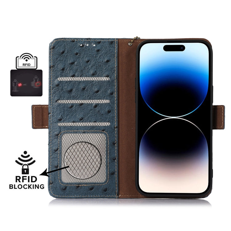 For OnePlus Nord 3 / Ace 2V Ostrich Pattern Genuine Leather RFID Phone Case(Blue) - OnePlus Cases by PMC TechLife | Online Shopping South Africa | PMC TechLife | Buy Now Pay Later Mobicred