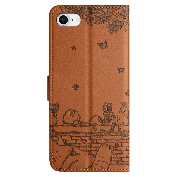 For iPhone 16e Cat Embossing Pattern Leather Phone Case with Lanyard(Brown) - iPhone 16e Cases by PMC TechLife | Online Shopping South Africa | PMC TechLife | Buy Now Pay Later Mobicred
