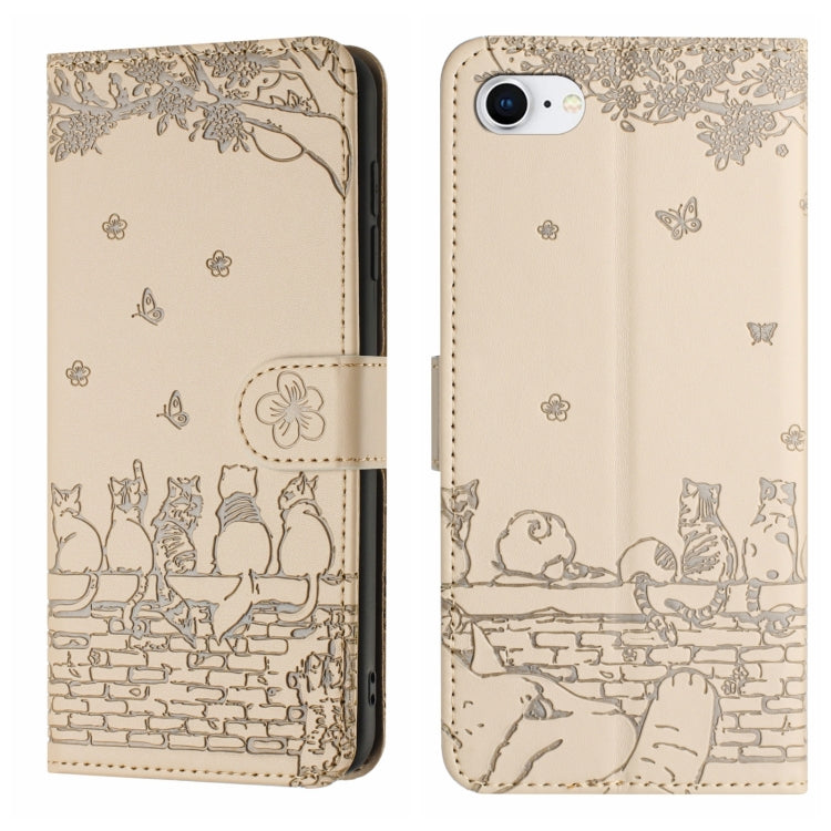 For iPhone 16e Cat Embossing Pattern Leather Phone Case with Lanyard(Beige) - iPhone 16e Cases by PMC TechLife | Online Shopping South Africa | PMC TechLife | Buy Now Pay Later Mobicred