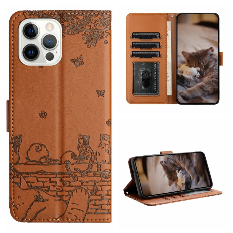 For iPhone 16 Pro Cat Embossing Pattern Leather Phone Case with Lanyard(Brown) - iPhone 16 Pro Cases by PMC TechLife | Online Shopping South Africa | PMC TechLife | Buy Now Pay Later Mobicred