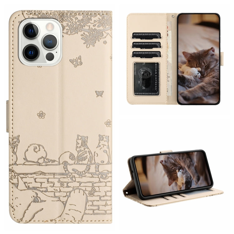 For iPhone 16 Pro Cat Embossing Pattern Leather Phone Case with Lanyard(Beige) - iPhone 16 Pro Cases by PMC TechLife | Online Shopping South Africa | PMC TechLife | Buy Now Pay Later Mobicred