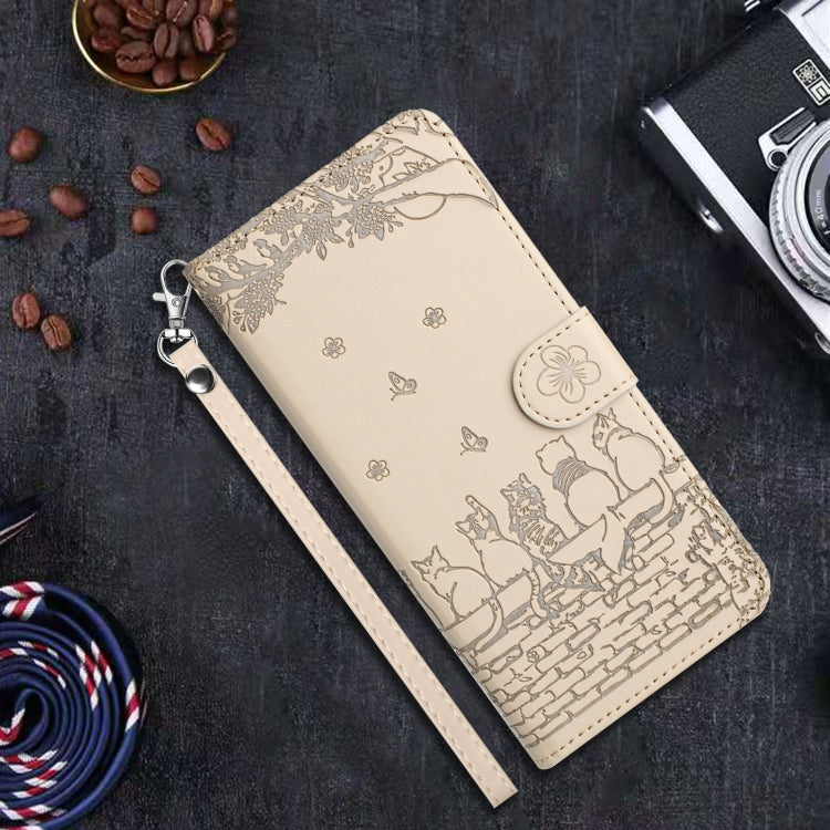 For iPhone 16 Pro Cat Embossing Pattern Leather Phone Case with Lanyard(Beige) - iPhone 16 Pro Cases by PMC Jewellery | Online Shopping South Africa | PMC Jewellery | Buy Now Pay Later Mobicred