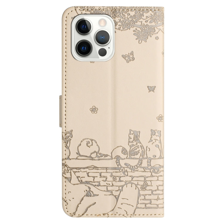 For iPhone 16 Pro Cat Embossing Pattern Leather Phone Case with Lanyard(Beige) - iPhone 16 Pro Cases by PMC TechLife | Online Shopping South Africa | PMC TechLife | Buy Now Pay Later Mobicred