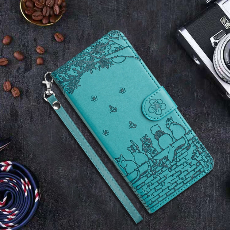 For iPhone 16 Plus Cat Embossing Pattern Leather Phone Case with Lanyard(Blue) - iPhone 16 Plus Cases by PMC TechLife | Online Shopping South Africa | PMC TechLife | Buy Now Pay Later Mobicred