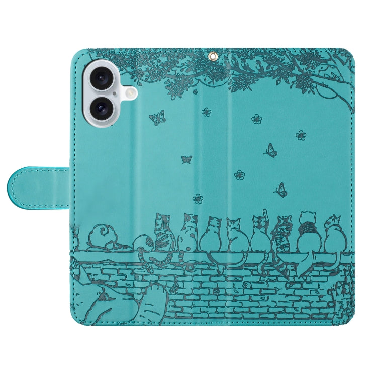 For iPhone 16 Plus Cat Embossing Pattern Leather Phone Case with Lanyard(Blue) - iPhone 16 Plus Cases by PMC TechLife | Online Shopping South Africa | PMC TechLife | Buy Now Pay Later Mobicred