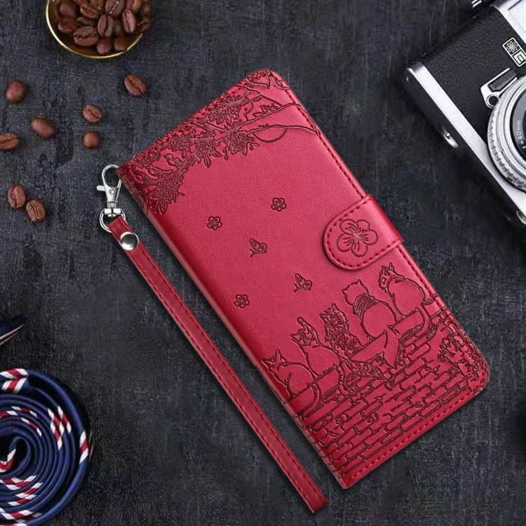For iPhone 16 Cat Embossing Pattern Leather Phone Case with Lanyard(Red) - iPhone 16 Cases by PMC TechLife | Online Shopping South Africa | PMC TechLife | Buy Now Pay Later Mobicred