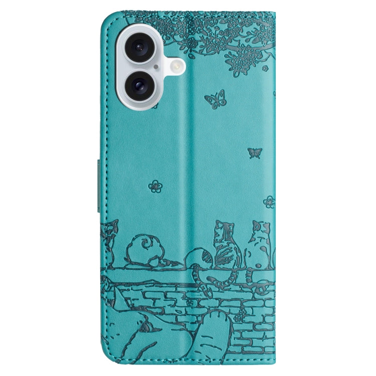 For iPhone 16 Cat Embossing Pattern Leather Phone Case with Lanyard(Blue) - iPhone 16 Cases by PMC TechLife | Online Shopping South Africa | PMC TechLife | Buy Now Pay Later Mobicred