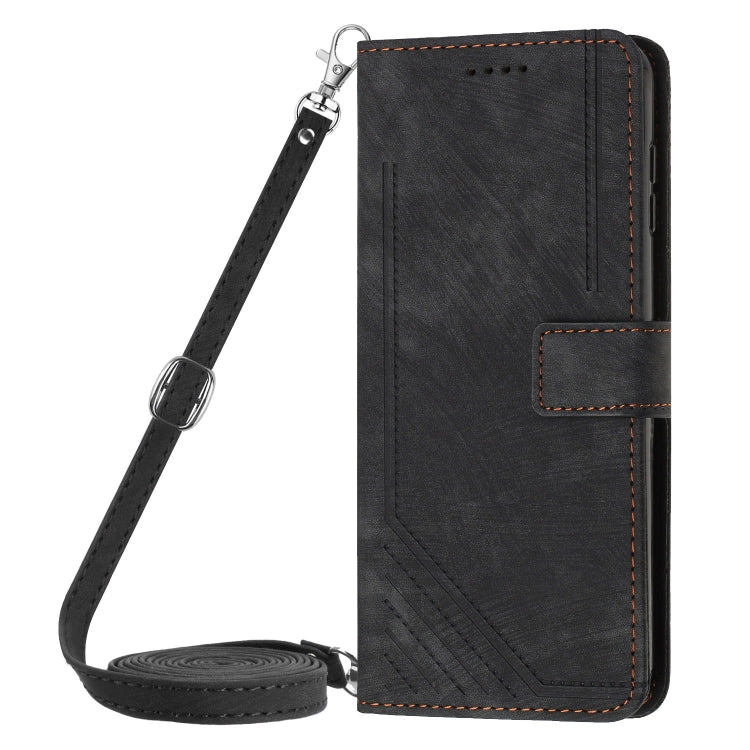 For Infinix Hot 40i Skin Feel Stripe Pattern Leather Phone Case with Lanyard(Black) - Infinix Cases by PMC TechLife | Online Shopping South Africa | PMC TechLife | Buy Now Pay Later Mobicred