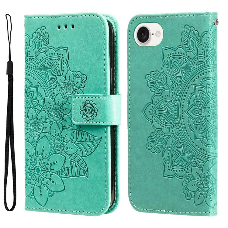 For iPhone 16e Seven-petal Flowers Embossing Leather Phone Case(Green) - iPhone 16e Cases by PMC TechLife | Online Shopping South Africa | PMC TechLife | Buy Now Pay Later Mobicred