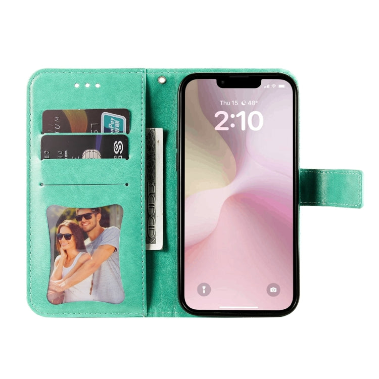 For iPhone 16e Seven-petal Flowers Embossing Leather Phone Case(Green) - iPhone 16e Cases by PMC TechLife | Online Shopping South Africa | PMC TechLife | Buy Now Pay Later Mobicred