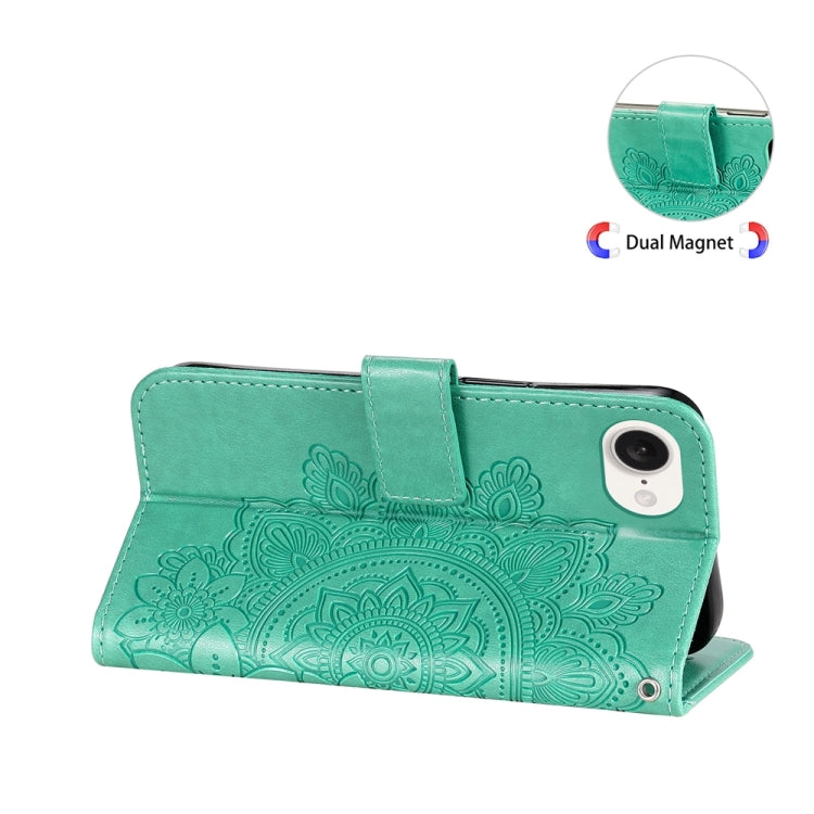 For iPhone 16e Seven-petal Flowers Embossing Leather Phone Case(Green) - iPhone 16e Cases by PMC TechLife | Online Shopping South Africa | PMC TechLife | Buy Now Pay Later Mobicred