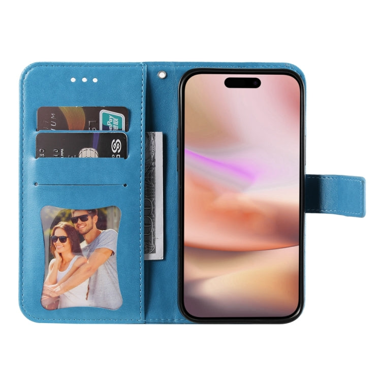 For iPhone 16 Plus Seven-petal Flowers Embossing Leather Phone Case(Blue) - iPhone 16 Plus Cases by PMC Jewellery | Online Shopping South Africa | PMC Jewellery | Buy Now Pay Later Mobicred