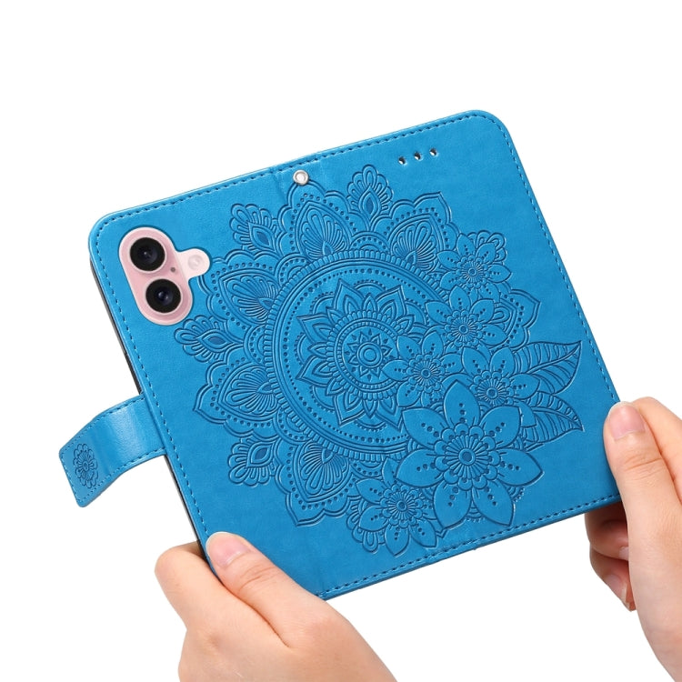 For iPhone 16 7-petal Flowers Embossing Leather Phone Case(Blue) - iPhone 16 Cases by PMC Jewellery | Online Shopping South Africa | PMC Jewellery | Buy Now Pay Later Mobicred