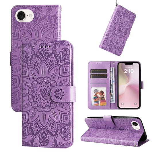 For iPhone 16e Embossed Sunflower Leather Phone Case(Purple) - iPhone 16e Cases by PMC Jewellery | Online Shopping South Africa | PMC Jewellery | Buy Now Pay Later Mobicred