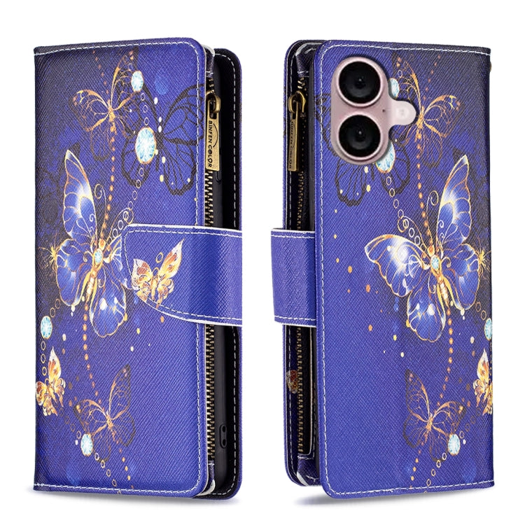 For iPhone 16 Plus Colored Drawing Pattern Zipper Phone Leather Case(Purple Butterfly) - iPhone 16 Plus Cases by PMC TechLife | Online Shopping South Africa | PMC TechLife | Buy Now Pay Later Mobicred