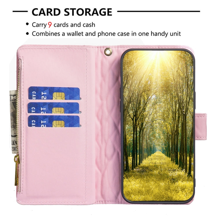 For iPhone 16 Pro Diamond Lattice Zipper Wallet Leather Flip Phone Case(Pink) - free shipping - PMC Jewellery - Order now!