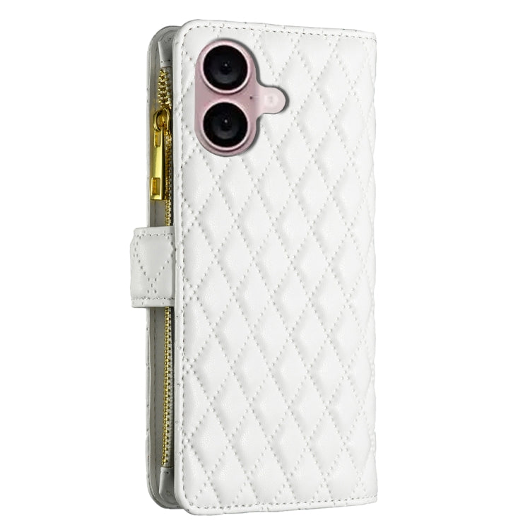 For iPhone 16 Diamond Lattice Zipper Wallet Leather Flip Phone Case(White) - iPhone 16 Cases by PMC Jewellery | Online Shopping South Africa | PMC Jewellery | Buy Now Pay Later Mobicred