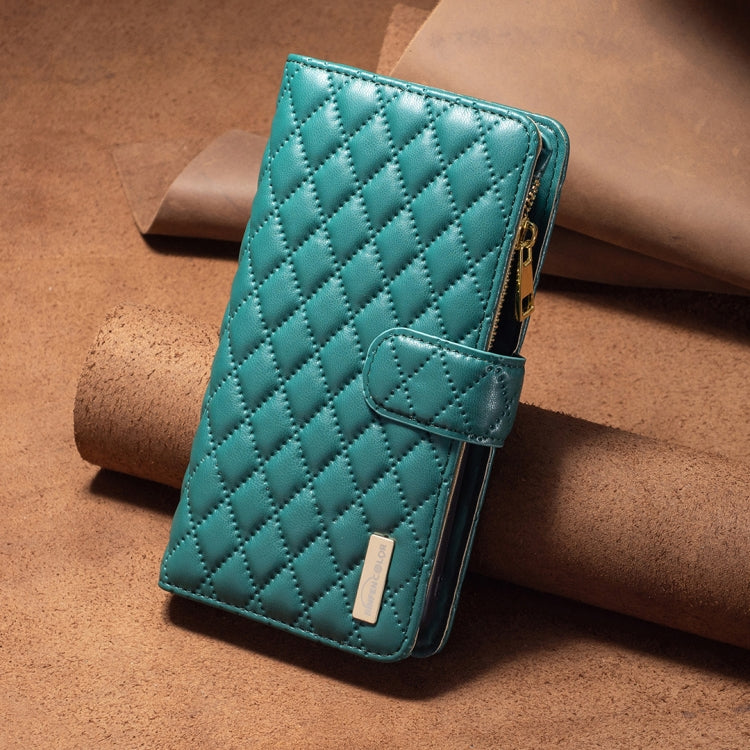 For iPhone 16 Diamond Lattice Zipper Wallet Leather Flip Phone Case(Green) - iPhone 16 Cases by PMC Jewellery | Online Shopping South Africa | PMC Jewellery | Buy Now Pay Later Mobicred