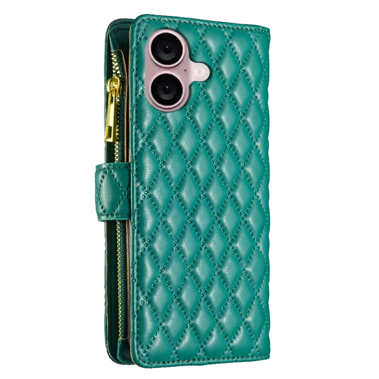 For iPhone 16 Diamond Lattice Zipper Wallet Leather Flip Phone Case(Green) - iPhone 16 Cases by PMC Jewellery | Online Shopping South Africa | PMC Jewellery | Buy Now Pay Later Mobicred