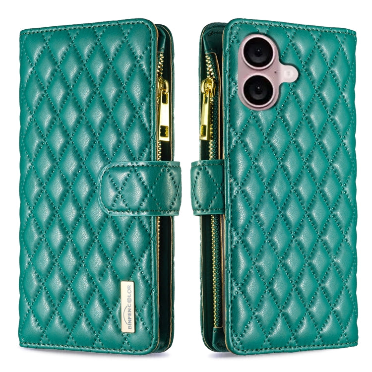 For iPhone 16 Plus Diamond Lattice Zipper Wallet Leather Flip Phone Case(Green) - iPhone 16 Plus Cases by PMC Jewellery | Online Shopping South Africa | PMC Jewellery | Buy Now Pay Later Mobicred