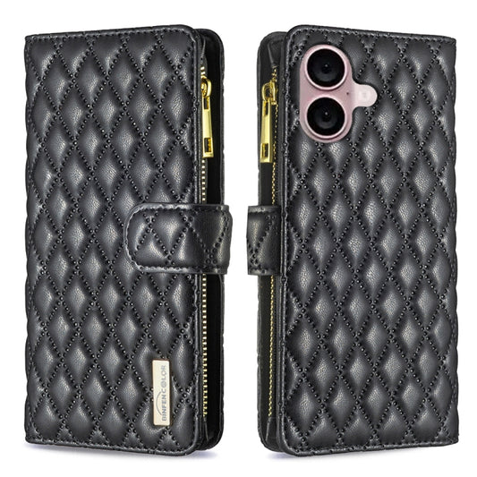 For iPhone 16 Plus Diamond Lattice Zipper Wallet Leather Flip Phone Case(Black) - iPhone 16 Plus Cases by PMC Jewellery | Online Shopping South Africa | PMC Jewellery | Buy Now Pay Later Mobicred