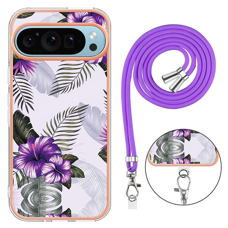 For Google Pixel 9 / 9 Pro Electroplating IMD TPU Phone Case with Lanyard(Purple Flower) - Google Cases by PMC TechLife | Online Shopping South Africa | PMC TechLife | Buy Now Pay Later Mobicred