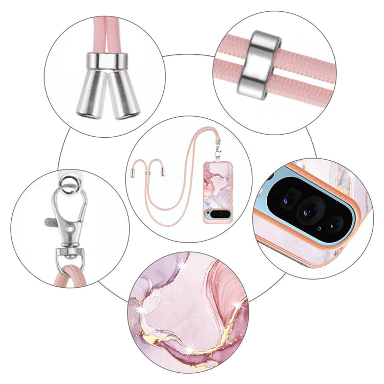 For Google Pixel 9 Pro XL Electroplating Marble Dual-side IMD Phone Case with Lanyard(Rose Gold 005) - Google Cases by PMC TechLife | Online Shopping South Africa | PMC TechLife | Buy Now Pay Later Mobicred