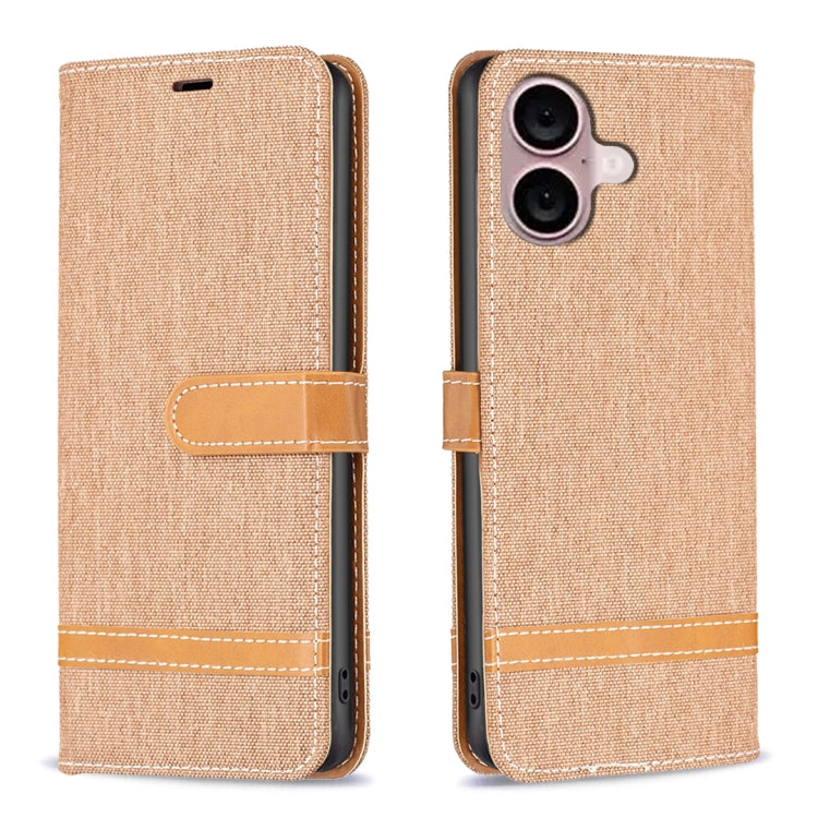 For iPhone 16 Color Block Denim Texture Leather Phone Case(Brown) - iPhone 16 Cases by PMC TechLife | Online Shopping South Africa | PMC TechLife | Buy Now Pay Later Mobicred