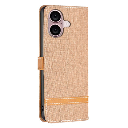 For iPhone 16 Color Block Denim Texture Leather Phone Case(Brown) - iPhone 16 Cases by PMC Jewellery | Online Shopping South Africa | PMC Jewellery | Buy Now Pay Later Mobicred