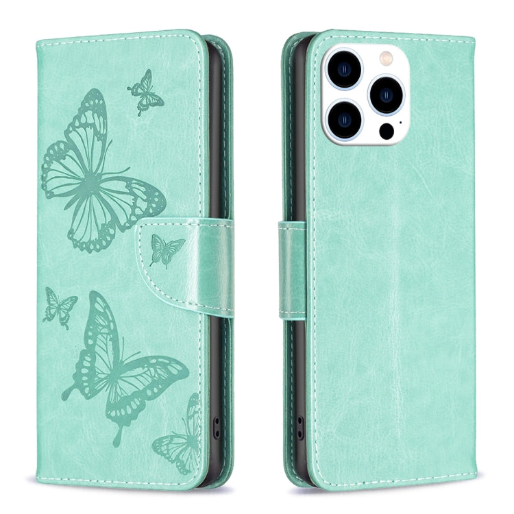 For iPhone 16 Pro Embossing Two Butterflies Pattern Leather Phone Case(Green) - iPhone 16 Pro Cases by PMC TechLife | Online Shopping South Africa | PMC TechLife | Buy Now Pay Later Mobicred