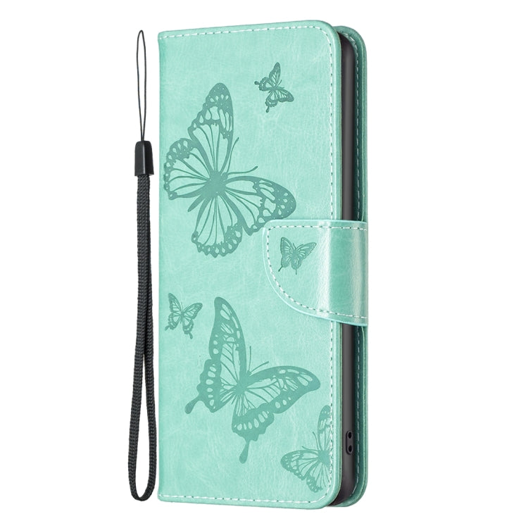 For iPhone 16 Pro Embossing Two Butterflies Pattern Leather Phone Case(Green) - iPhone 16 Pro Cases by PMC TechLife | Online Shopping South Africa | PMC TechLife | Buy Now Pay Later Mobicred