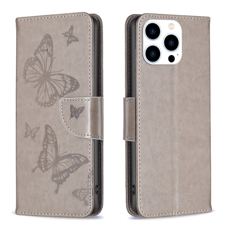 For iPhone 16 Pro Embossing Two Butterflies Pattern Leather Phone Case(Grey) - iPhone 16 Pro Cases by PMC TechLife | Online Shopping South Africa | PMC TechLife | Buy Now Pay Later Mobicred
