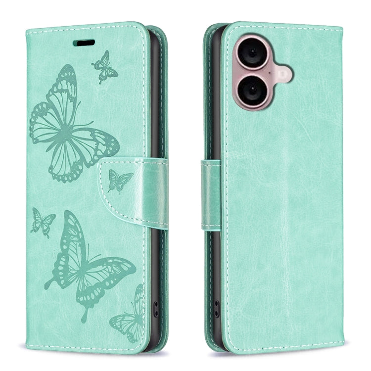 For iPhone 16 Embossing Two Butterflies Pattern Leather Phone Case(Green) - iPhone 16 Cases by PMC TechLife | Online Shopping South Africa | PMC TechLife | Buy Now Pay Later Mobicred