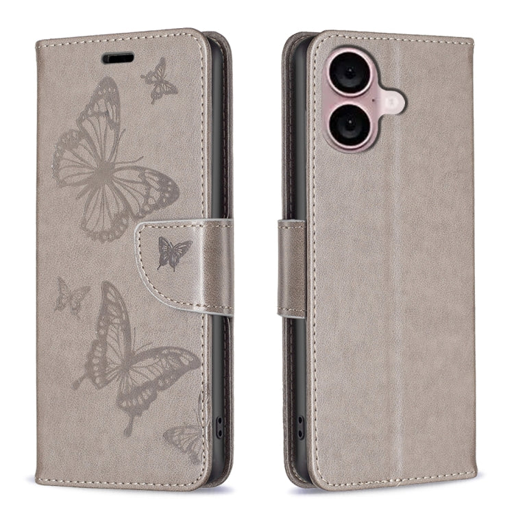 For iPhone 16 Plus Embossing Two Butterflies Pattern Leather Phone Case(Grey) - iPhone 16 Plus Cases by PMC Jewellery | Online Shopping South Africa | PMC Jewellery | Buy Now Pay Later Mobicred