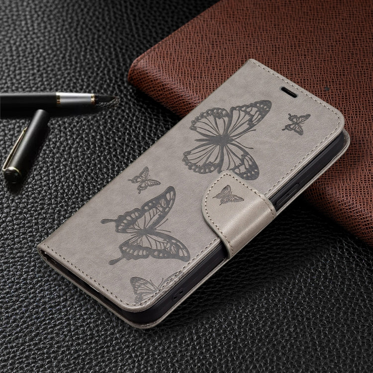 For iPhone 16 Plus Embossing Two Butterflies Pattern Leather Phone Case(Grey) - iPhone 16 Plus Cases by PMC TechLife | Online Shopping South Africa | PMC TechLife | Buy Now Pay Later Mobicred
