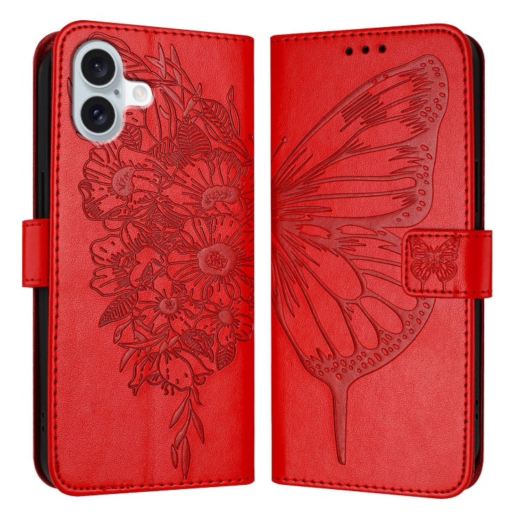 For iPhone 16 Plus Embossed Butterfly Leather Phone Case(Red) - iPhone 16 Plus Cases by PMC TechLife | Online Shopping South Africa | PMC TechLife | Buy Now Pay Later Mobicred