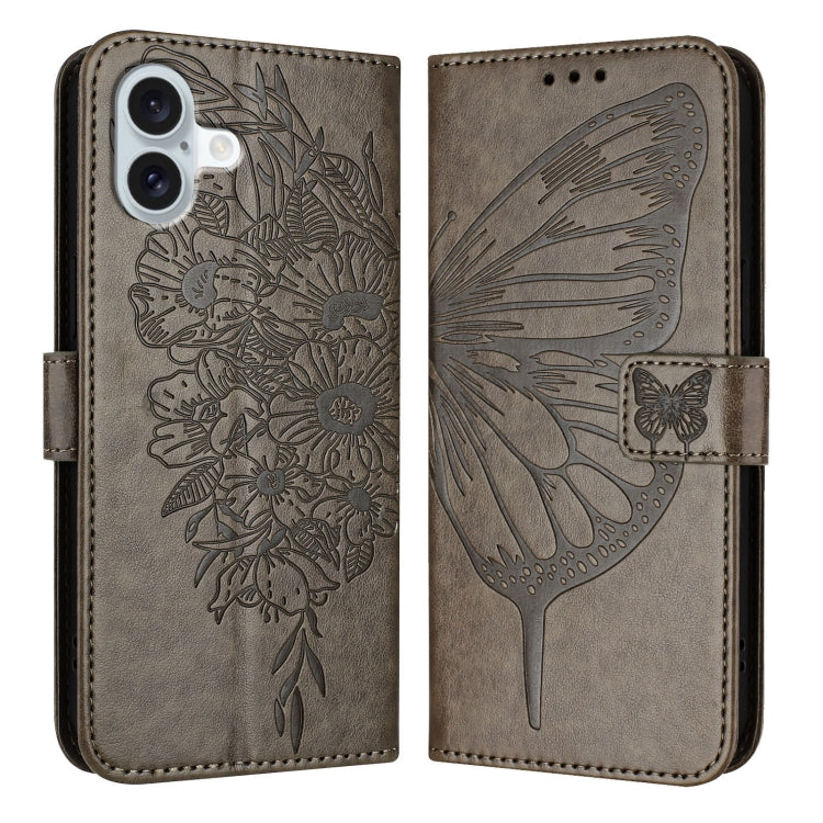 For iPhone 16 Plus Embossed Butterfly Leather Phone Case(Grey) - iPhone 16 Plus Cases by PMC TechLife | Online Shopping South Africa | PMC TechLife | Buy Now Pay Later Mobicred